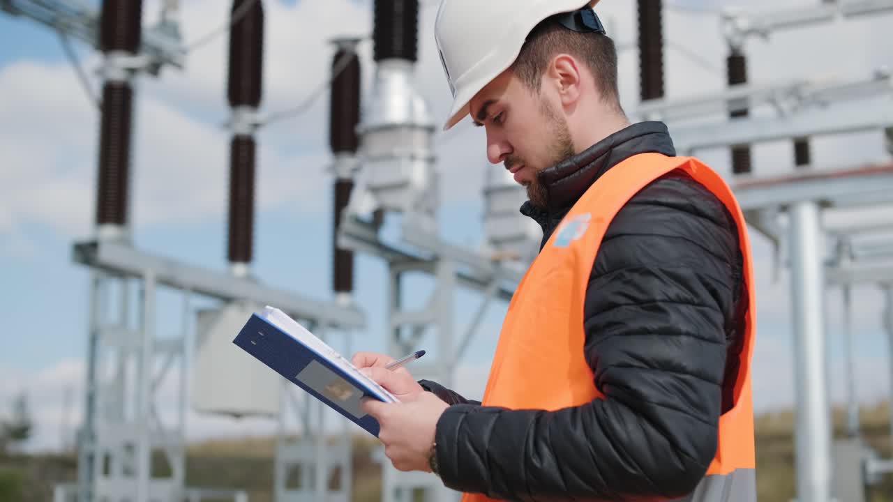 un ingeniero supervisa la construcción de una subestación de transformador
