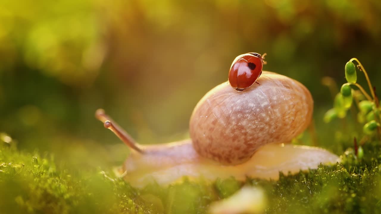 un primer plano de la vida silvestre de un caracol y una mariquita en la luz del atardecer.