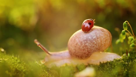 Close-up-wildlife-of-a-snail-and-ladybug-in-the-sunset-sunlight.