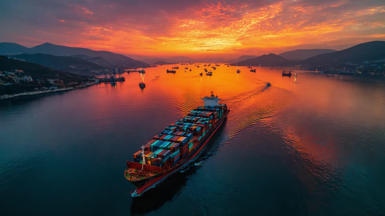 A Captivating Aerial View of a Container Ship Navigating Through Tranquil Waters at Sunset, Surrounded by Other Vessels Against a Beautiful Sky