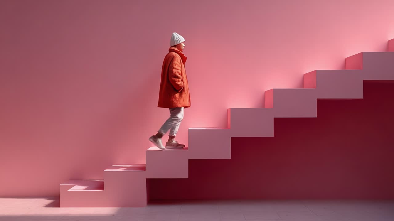 A Fashionable Individual Ascends an Artistic Staircase Bathed in Pink Light, Showcasing a Trendy Ensemble Against a Vibrant Backdrop