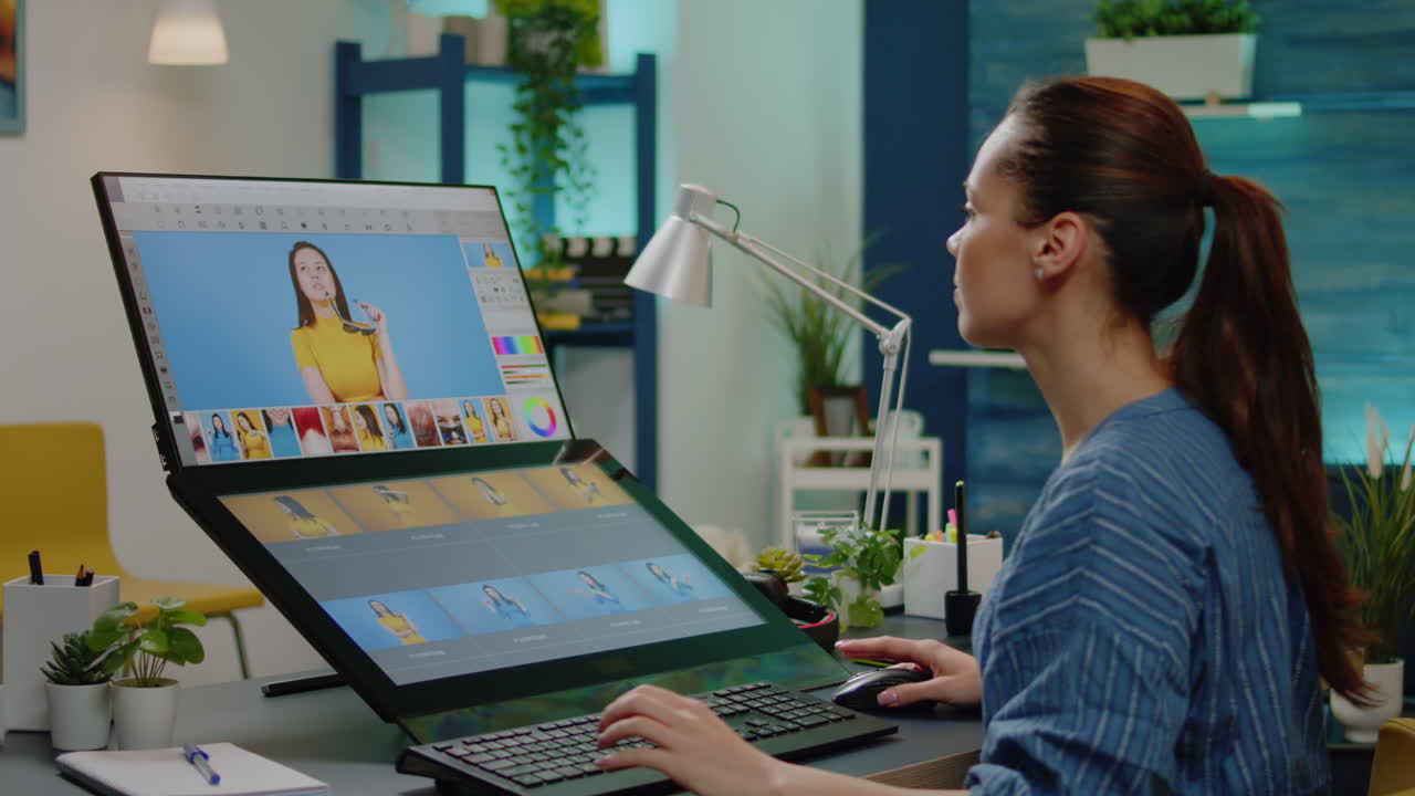 Retouch specialist doing editing work on pictures in office studio