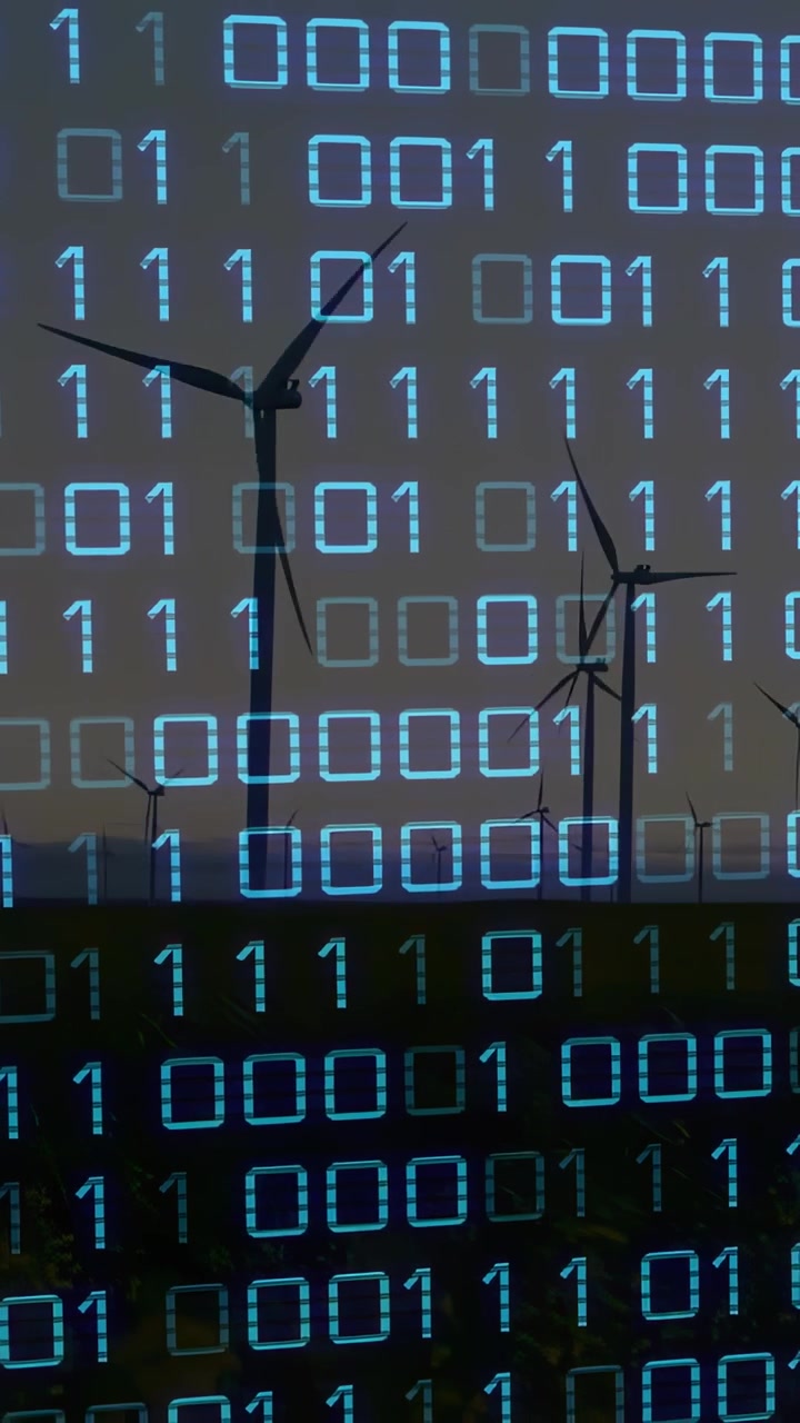 Vertical video: Turbines rotating, binary grid appearing over field, scrolling, showing power data