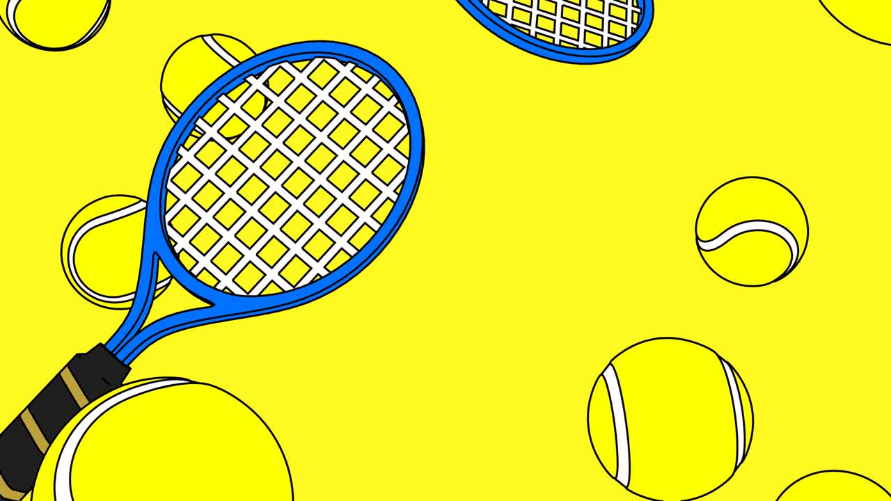 노란색 배경에 있는 테니스 공과 파란색 테니스 라켓입니다.