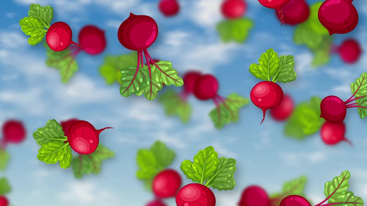 Graphic animation of whole red beetroots with green leaves falling through a cloudy blue sky.