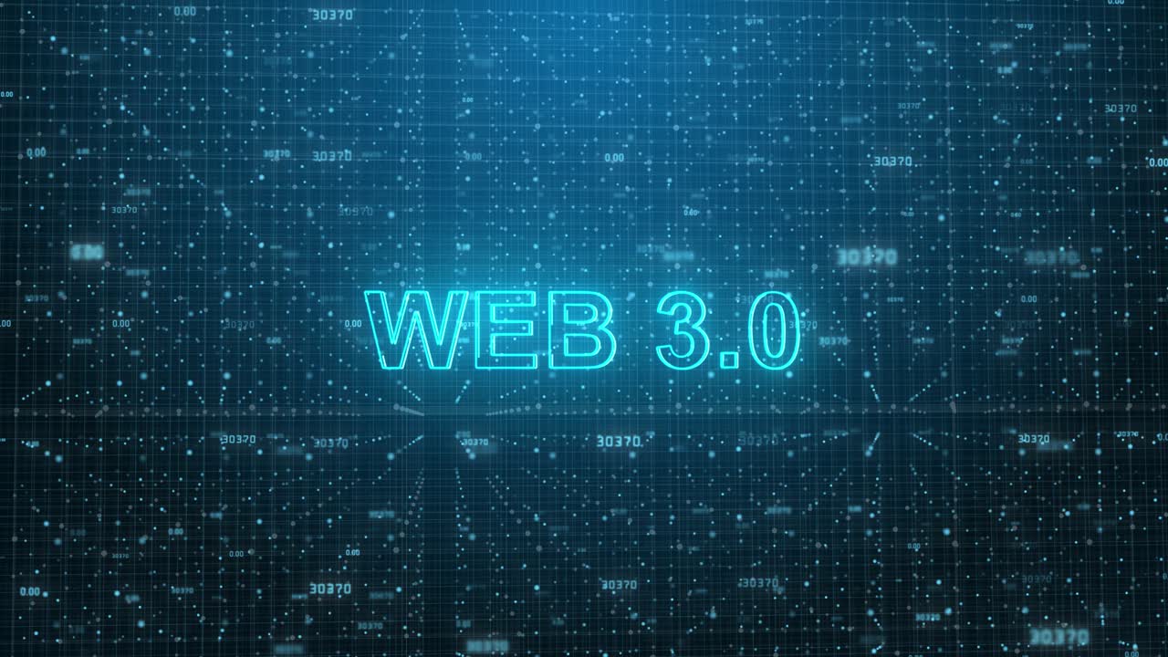 Web 3.0 tekst verschijnend in futuristische digitale rasterachtergrond