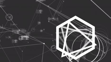 animación de formas blancas a través de una red de conexiones y procesamiento de datos sobre fondo negro