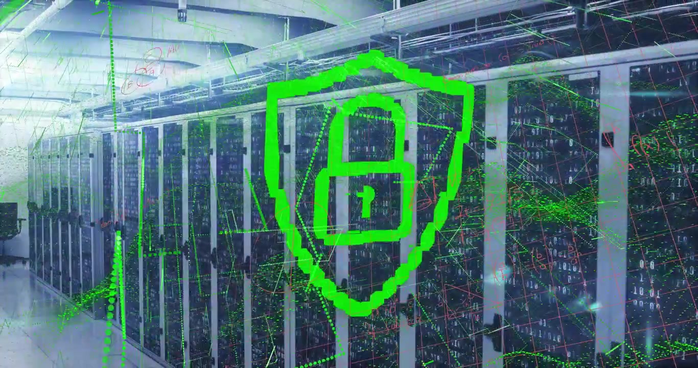 Animation of online security padlock and data processing over computer servers