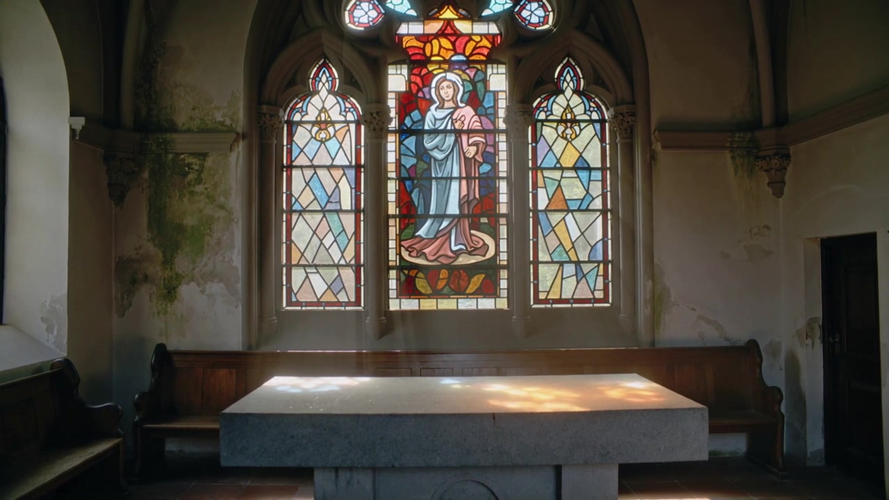 Wanderndes Sonnenlicht kreuzt Altar und Buntglas-Triptychon in Kapelle, zeigt feuchten Putz.