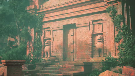 antiguo templo de piedra con estatuas de leones