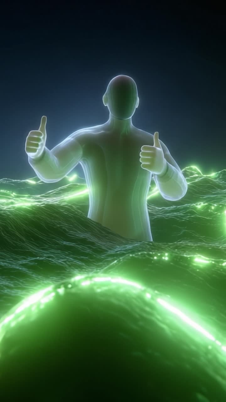 En lysende skikkelse står i levende grønne bølger, udstråler positivitet med åbne arme og en tommelfinger op-gestus, sat mod en fordybende mørk baggrund, der symboliserer triumf.