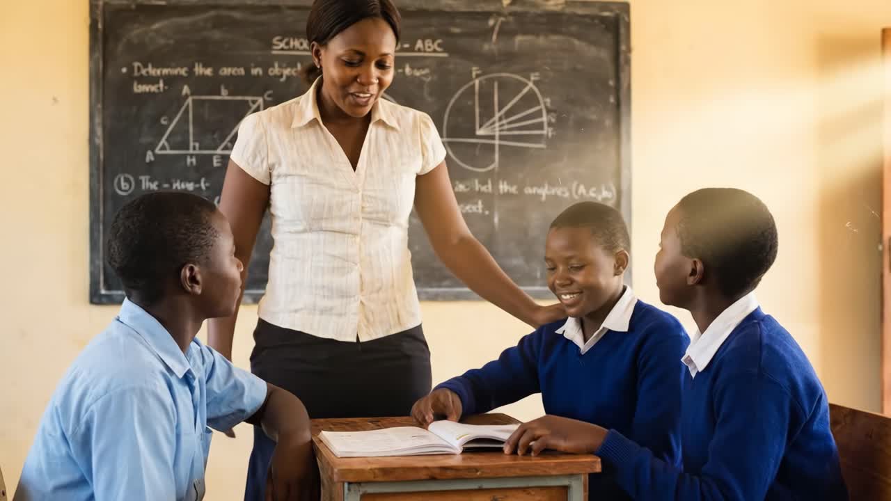 Insegnante africano che guida giovani studenti in classe