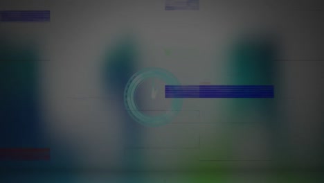Animación-Del-Reloj,-Con-Coloridas-Interferencias-Digitales,-Sobre-Formas-Azules-Borrosas