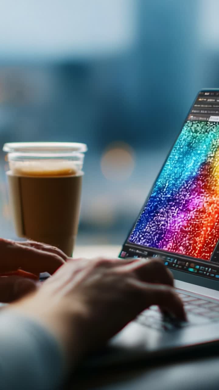 Creating Vibrant Digital Art: A Focused Moment Captured as Hands Type on a Laptop with a Colorful Screen and a Cup of Coffee in a Bright Environment