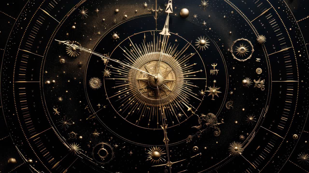 Top-down video of an intricate, celestial-themed clock with golden zodiac symbols on a dark