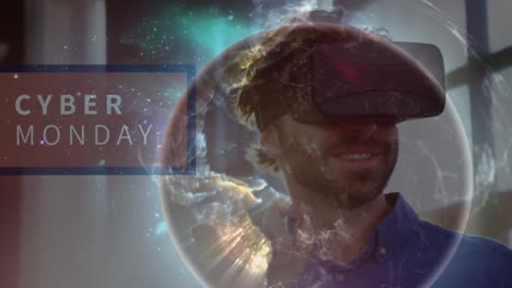 animation of cyber monday text and globe of network of connections over man wearing vr headset