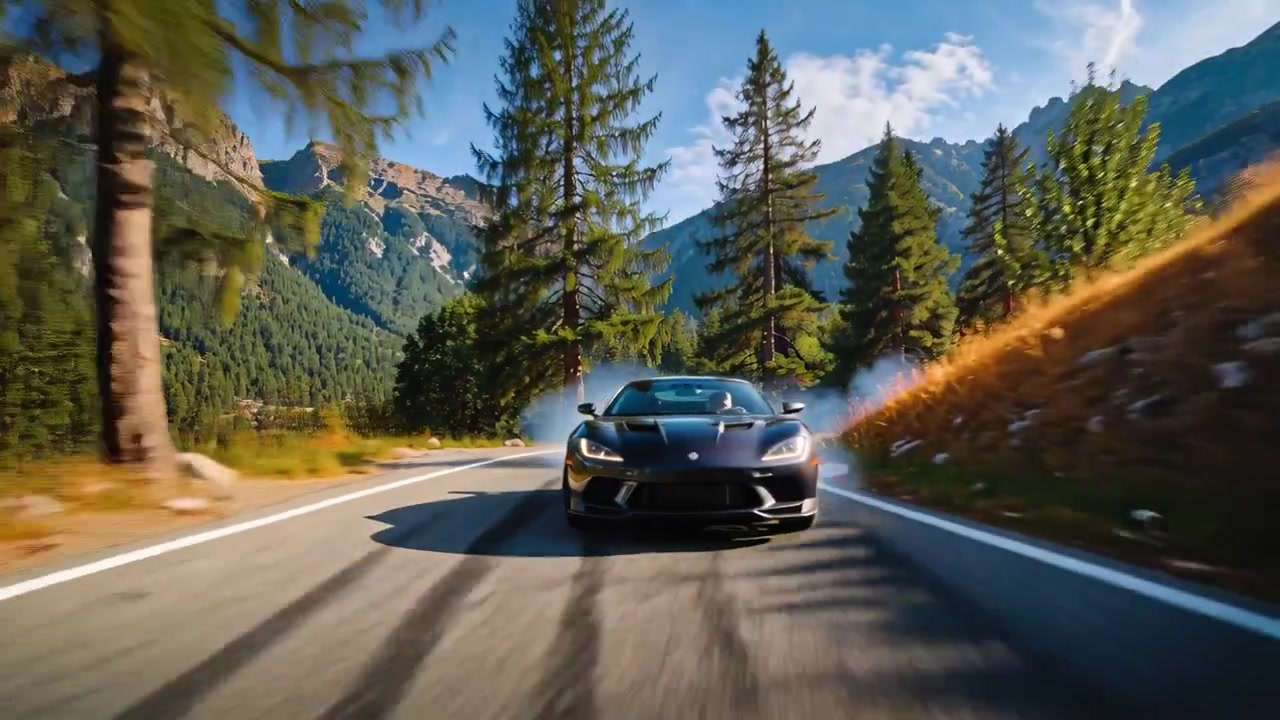 Un'auto sportiva nera in drifting che entra da destra, scivolando in una curva di montagna per seguire il bordo della strada, sollevando fumo.