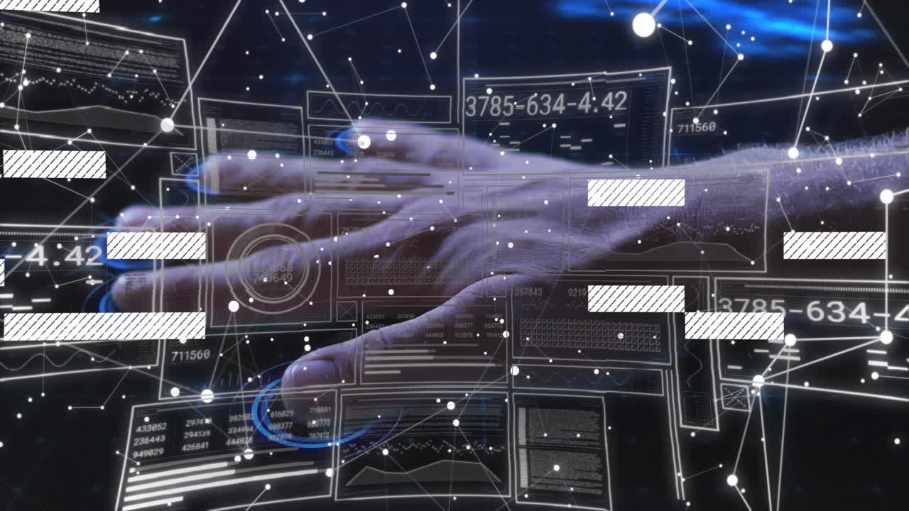 Interacting with animation of futuristic data, hand exploring digital interface