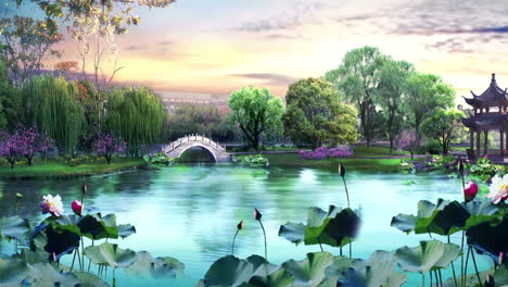 Geheimnisvolle-Landschaft-Chinas-Traditionelle-Orientalische-Digitale-Kunstanimation,-Chinesische-Retro-Malerei-Tinte-Nebliger-Berg-Mit-Blumen,-Baum,-Vögeln,-Fluss-Im-Nebelhintergrund