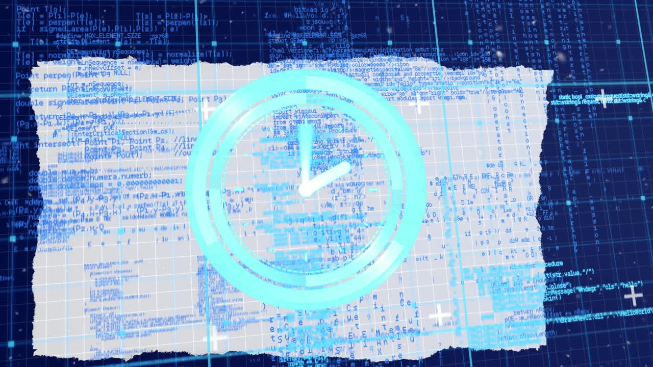 Animation of moving clock over snow falling and data processing on blue background