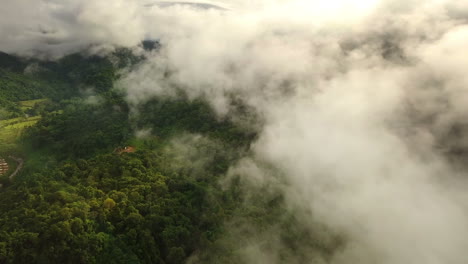 vista aérea volando sobre la exuberante montaña verde de la selva tropical con nubes de lluvia durante la temporada de lluvias en el parque nacional reservado de la montaña doi phuka en el norte de tailandia