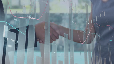 animation of financial data processing over caucasian business people shaking hands