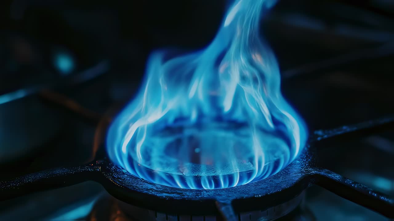 Close-up of a gas stove burner with blue flame