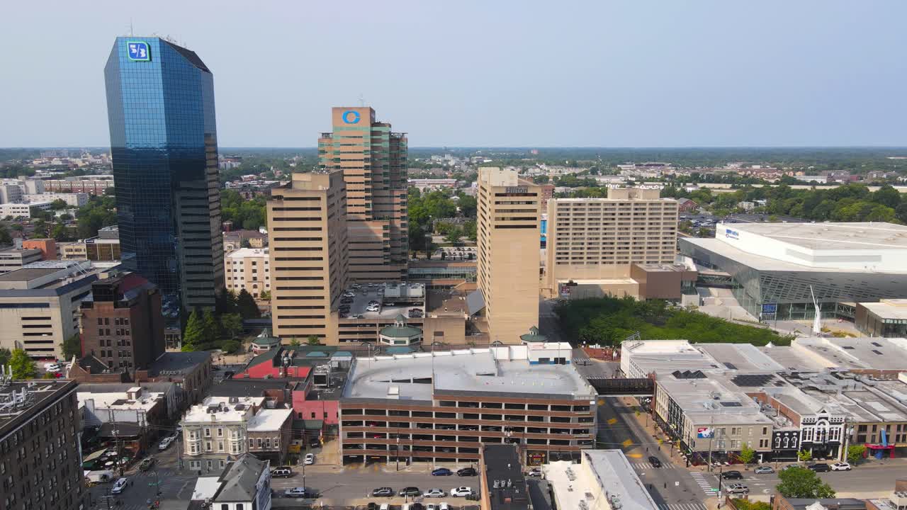 Downtown Lexington Kentucky, USA, aerial drone side fly view