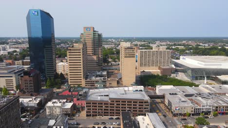 downtown lexington kentucky, usa, aerial drone side fly view