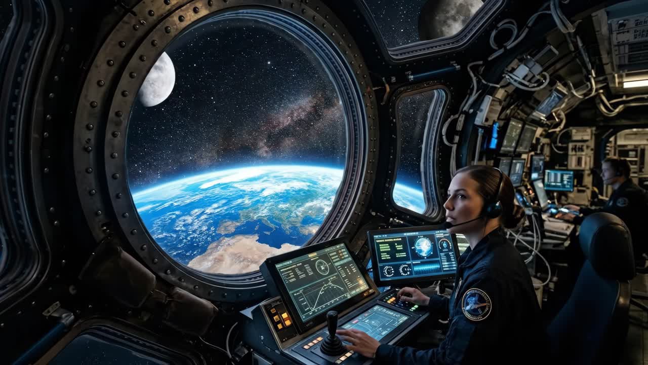 Astronauta Feminina Operando Controles no Cockpit de uma Nave Espacial com Vista da Terra
