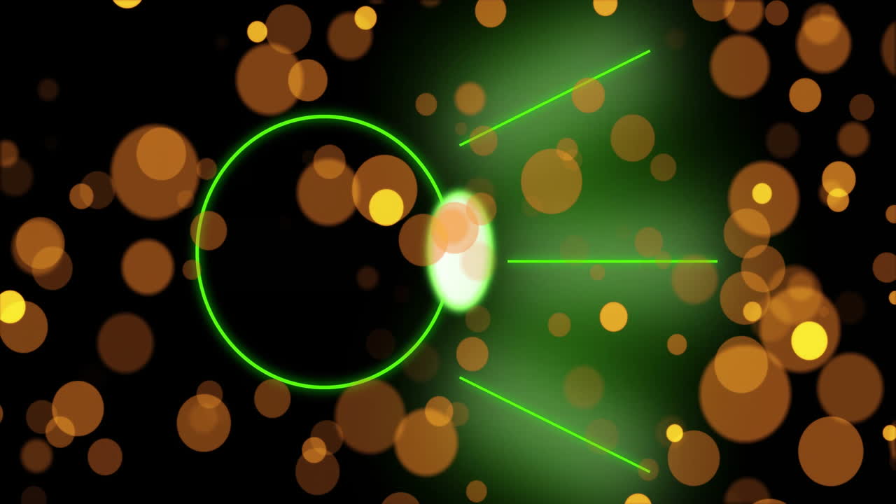 Green circle and glowing particles with light streaks animation on dark background