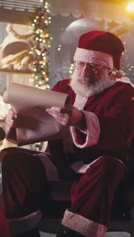 zoom out vista de santa claus barbudo lista de lectura en el pergamino y reír mientras los elfos preparan regalos para la celebración de navidad en acogedor taller iluminado. disparo vertical