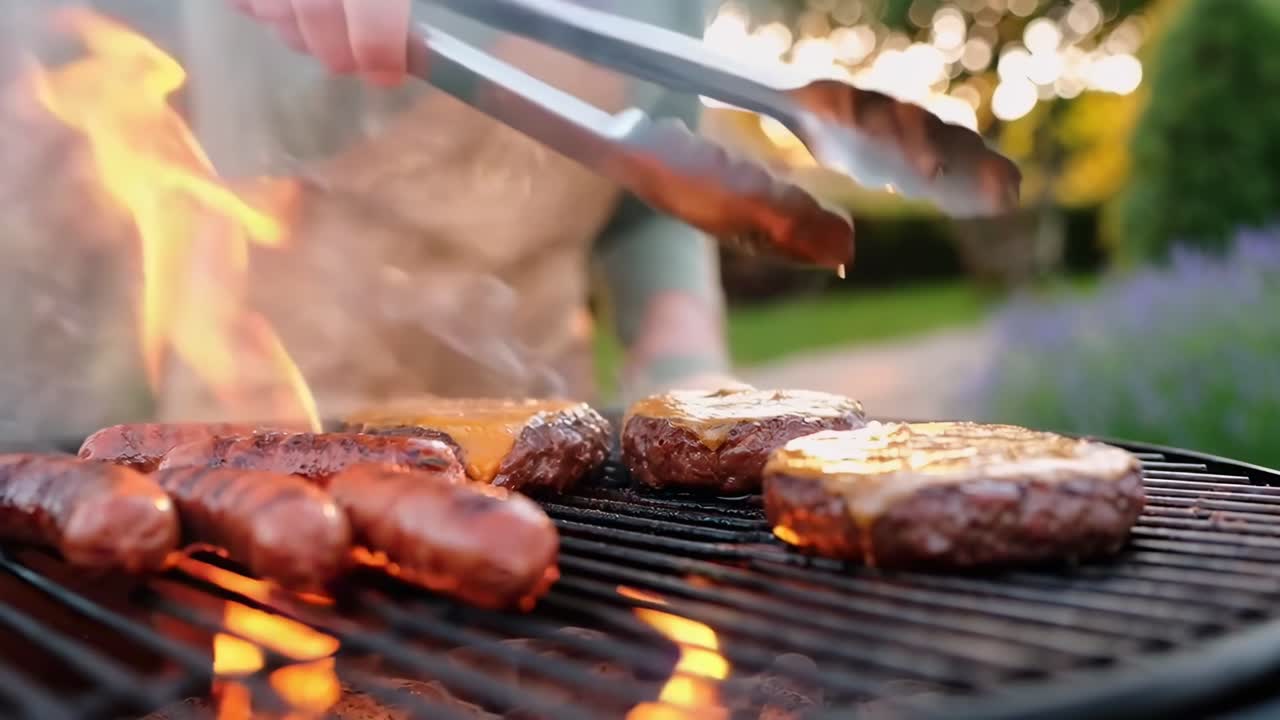 Primer plano de un vídeo de salchichas y filetes a la parrilla al atardecer, capturando los detalles chispeantes