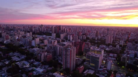 drone flyover núñez neighborhood skyline at sunset, buenos aires cityscape