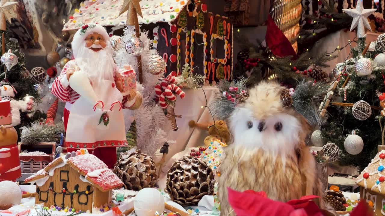 Christmas ornaments arrangement, Christmas traditions with Santa Claus, gingerbread houses, candy's, toys, Christmas tree and lights.