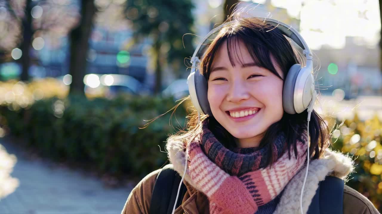 A young woman wearing headphones smiles outdoors. Captured from a front angle, the video conveys