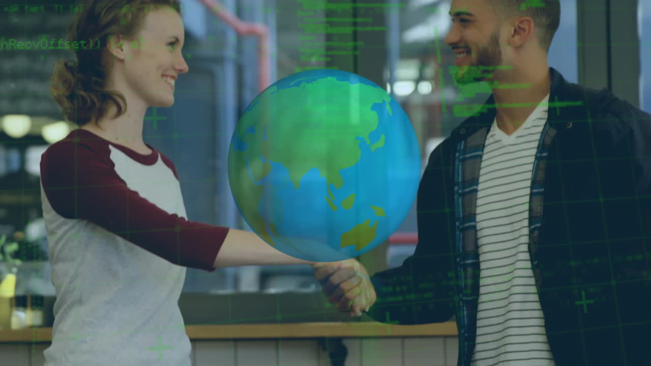 animación del globo giratorio y los datos, sobre los colegas que se dan la mano