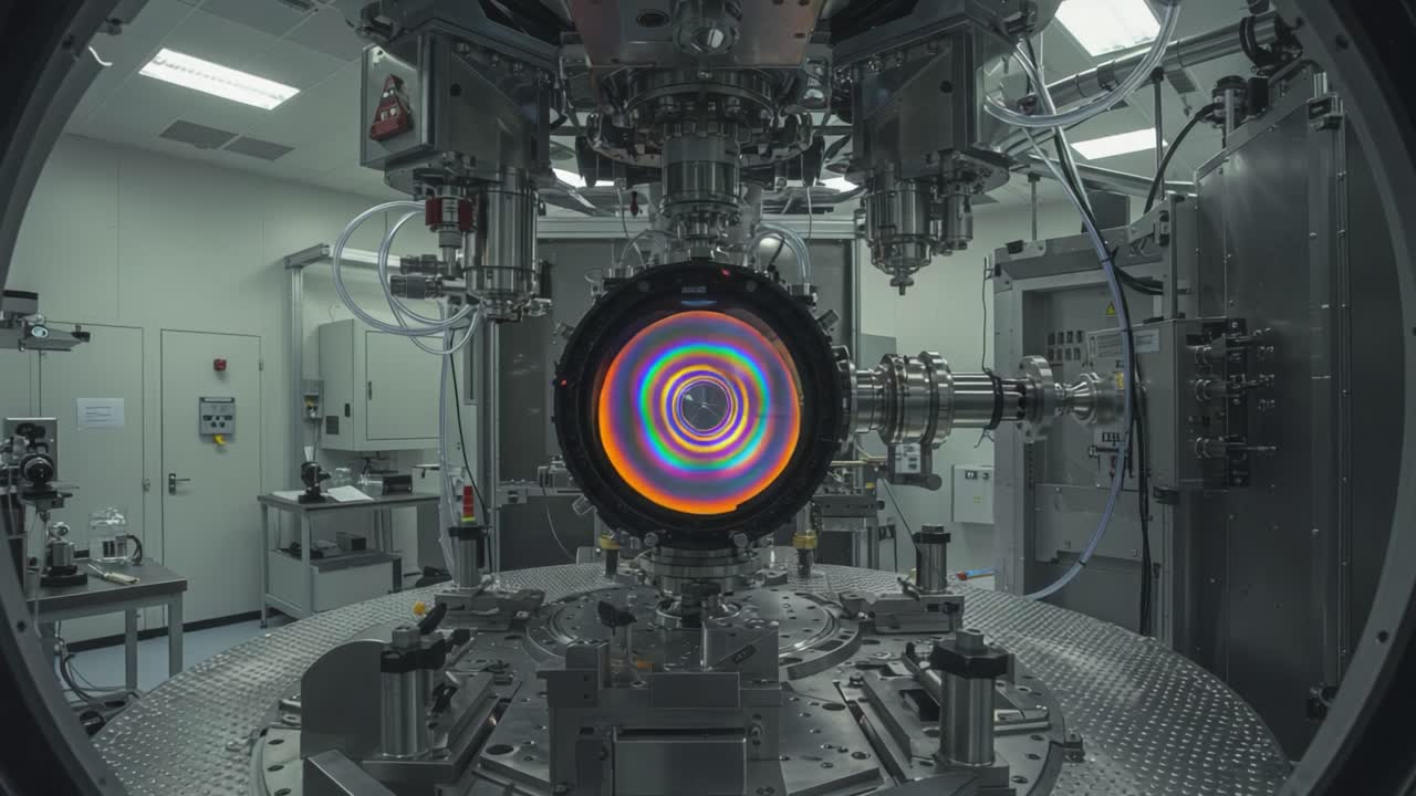 Esplorando la tecnologia avanzata: primo piano di un'innovativa macchina con una lente ottica colorata che illumina i meccanismi interni in un ambiente di laboratorio