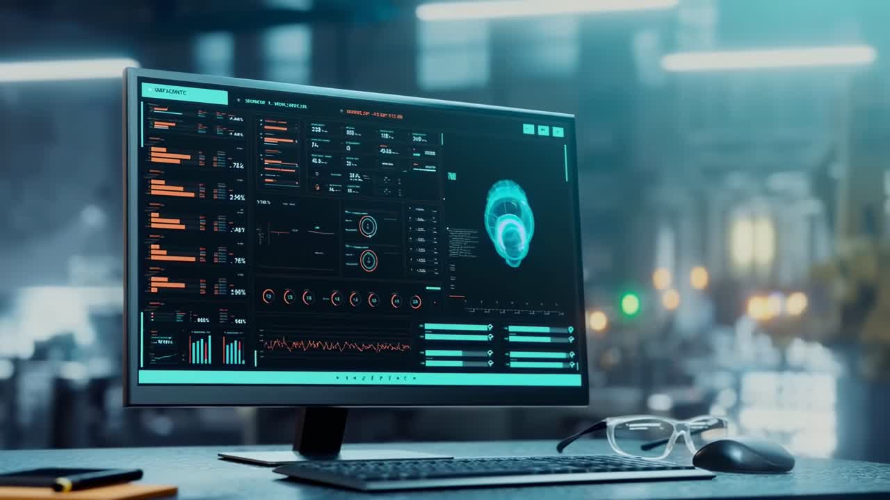Futuristic video concept of a computer screen in a factory, shot from a side angle