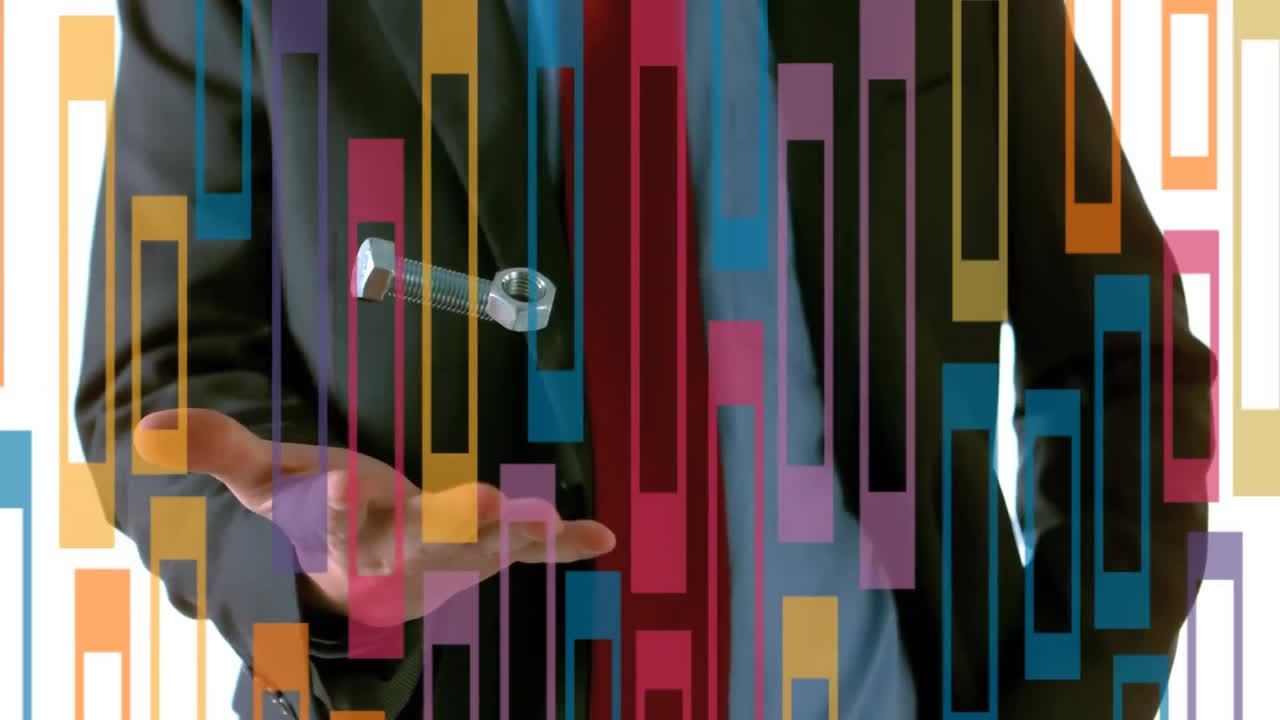 Animation of retro pattern and screw and nut over businessman's hands