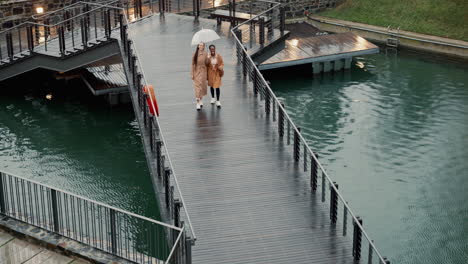 Walking,-above-and-women-on-a-bridge-during-rain