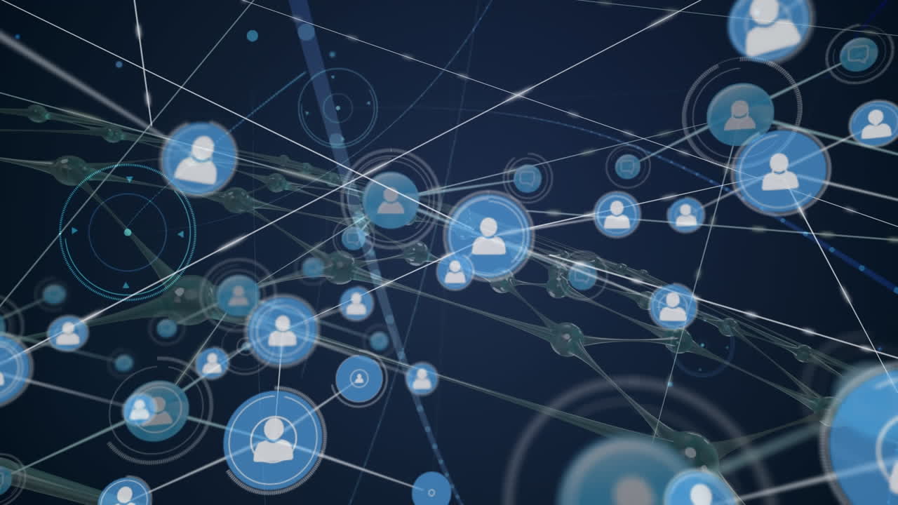 Animation of network of connections with icons on dark background
