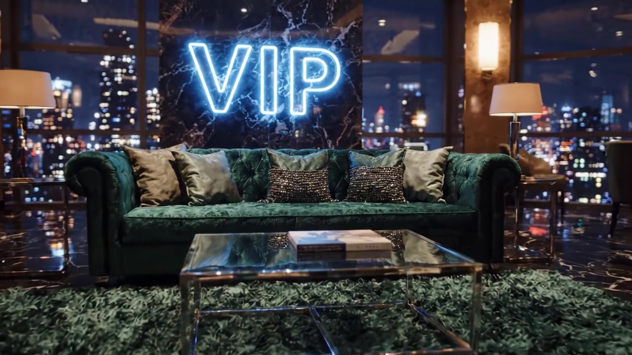 Luksuriøs VIP-lounge med neonskilt og udsigt over bybilledet: Et elegant rum, der fremviser komfort og stil midt i byens natteliv.
