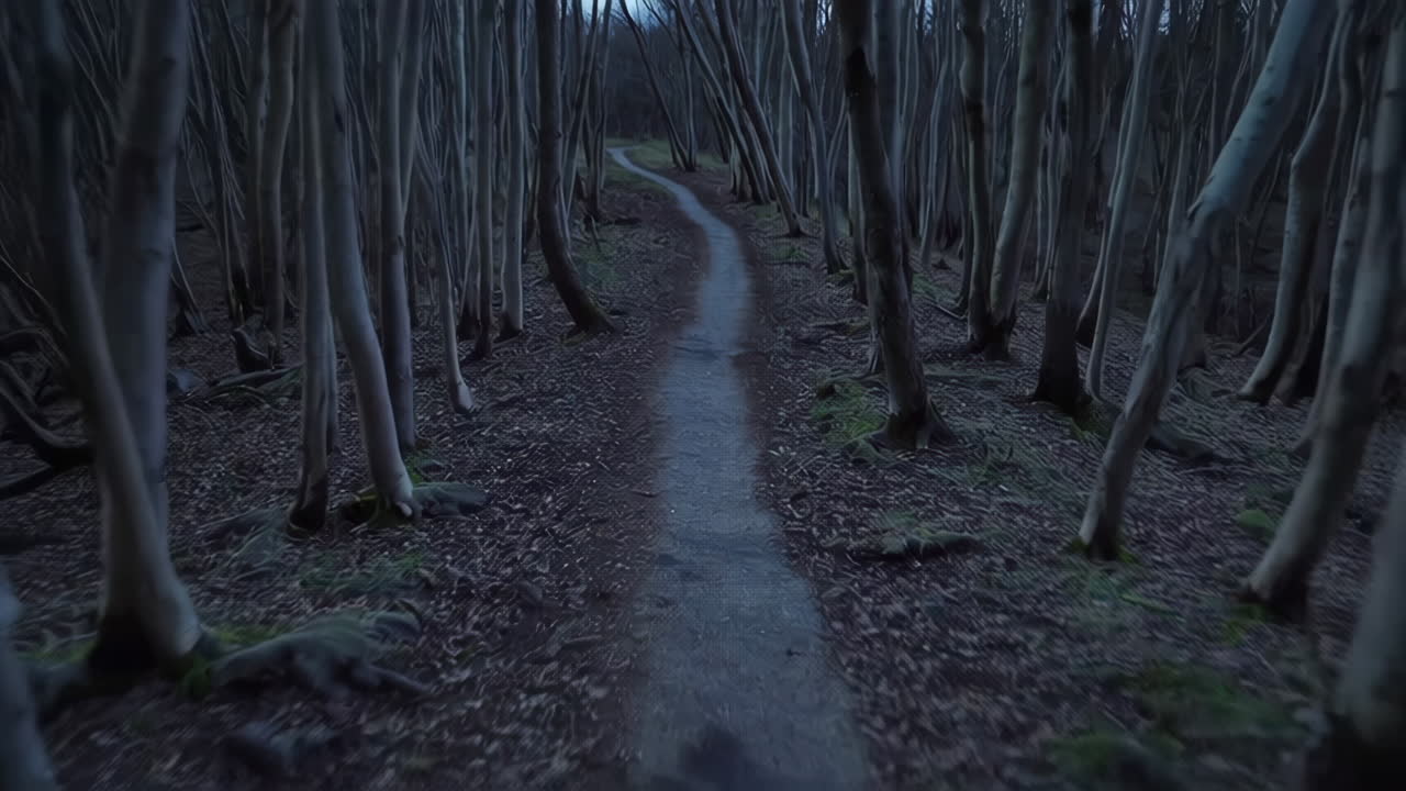Pathway through a serene twilight forest