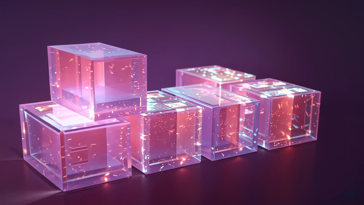 Panning camera orbiting six transparent cubes in studio, revealing pink cores and drifting sparkles