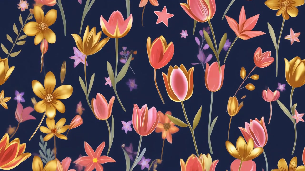 Motivo continuo di illustrazioni floreali dorate e rosa su sfondo scuro