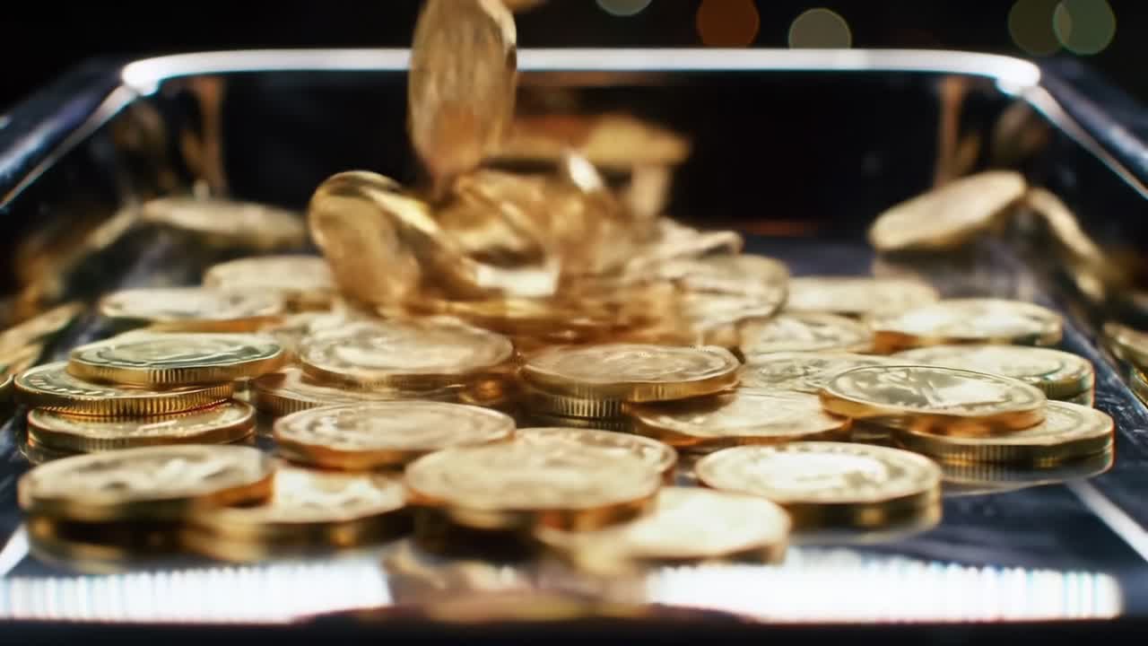 A Dazzling Display of Gleaming Gold Coins Accumulating in a Glimmering Tray, Capturing the Essence of Wealth and Prosperity