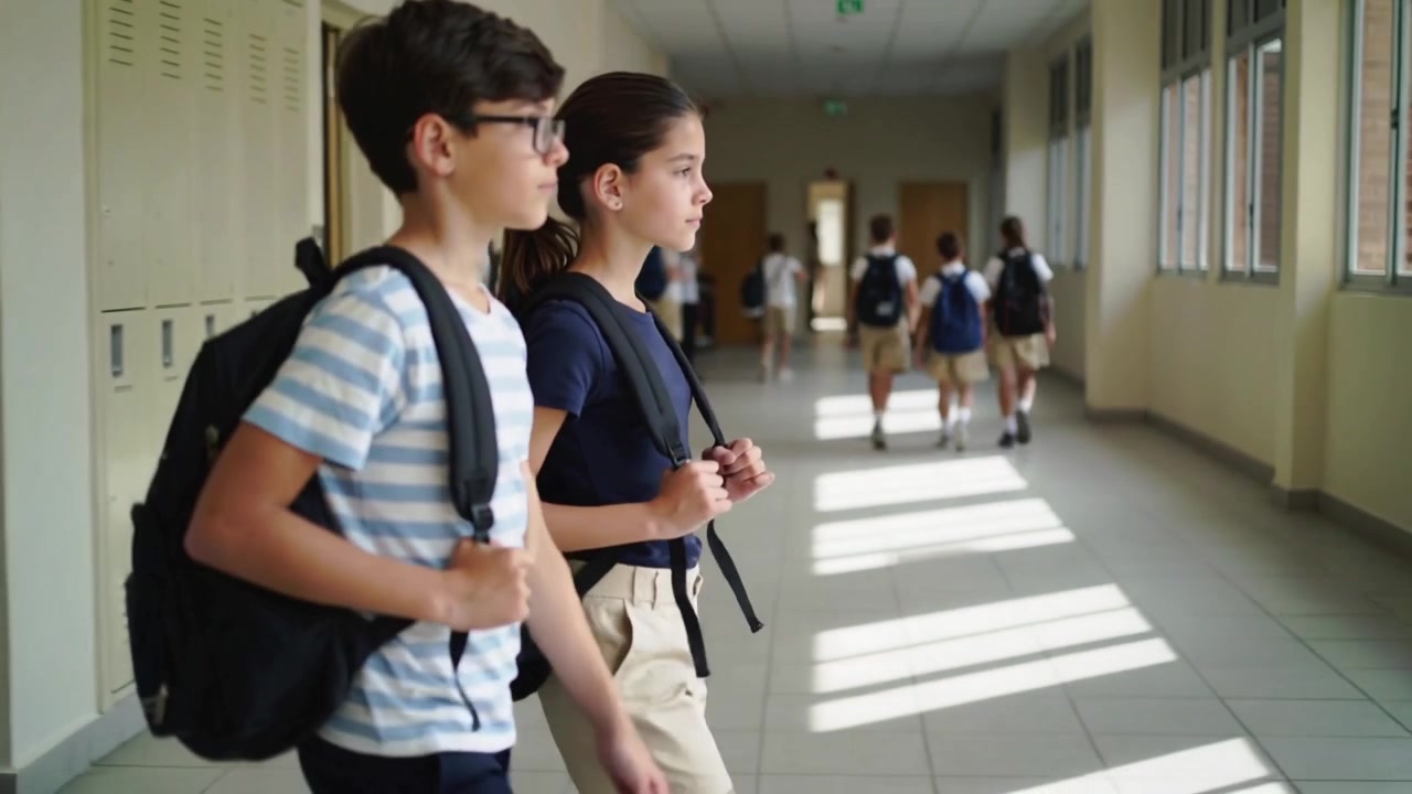 眼鏡をかけた男の子とポニーテールの女の子が、リュックを背負って学校の廊下のロッカーに向かっている。