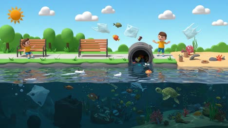 an illustrative contrast of environmental impact: a child's play and pollution in nature, highlighting waste management and oceanic ecosystem preservation