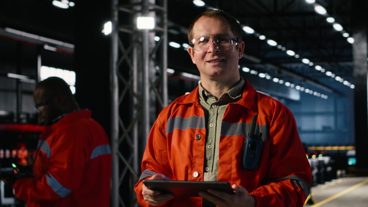 Employee in protective gear checks equipment in a fabrication workshop